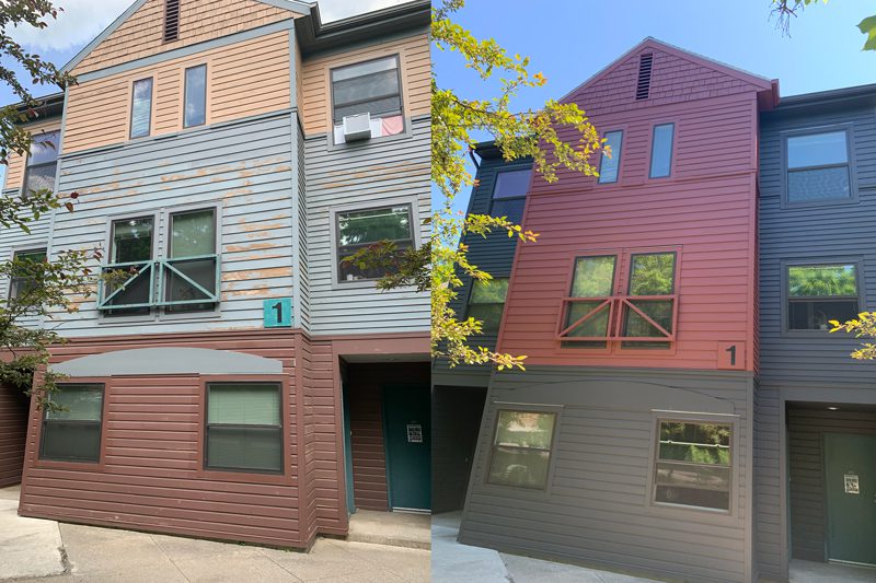 Before and after photo of an exterior paint job